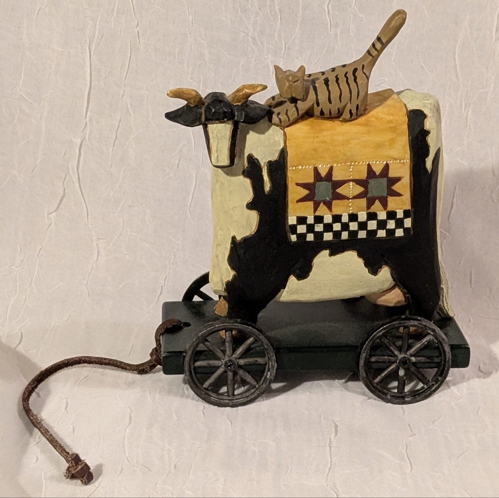 WilliRaye Studio Cow & Cat Figurine Wheels Pull Toy Rustic Farm Country Decor - Picture 13 of 13